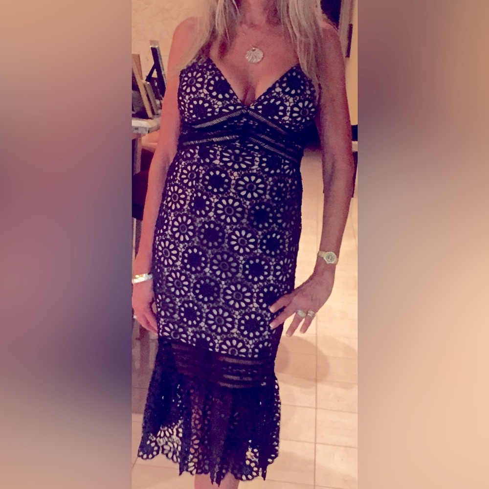 AQUA - Spaghetti strap dress  -Medium Navy Lace over Nude Fabric